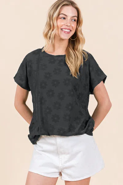 Truedames Textured Floral Pattern Short Sleeve T-shirt In Black