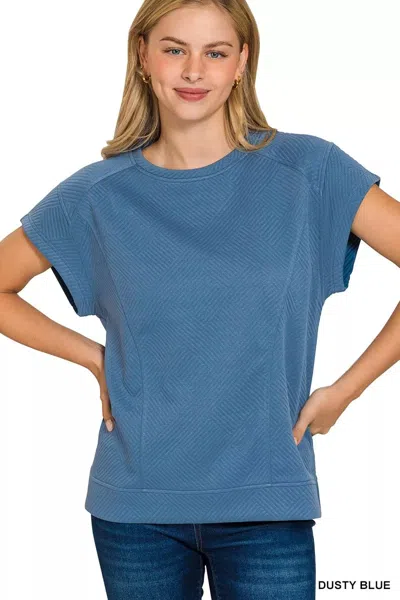 Truedames Textured Knit Jacquard Short Sleeve Top In Blue