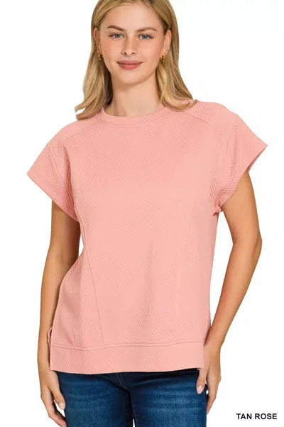 Truedames Textured Knit Jacquard Short Sleeve Top In Pink
