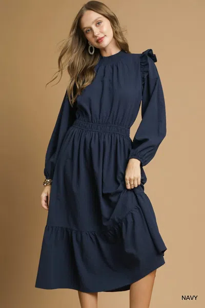 Truedames Textured Midi Dress With Ruffle Shoulder Detail In Blue