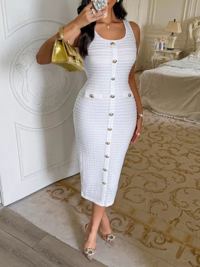 Truedames Textured Midi Tank Dress With Decorative Button In White