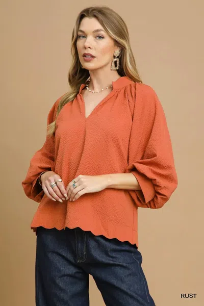 Truedames Textured Notched Balloon Sleeve Blouse With Scalloped Hem In Multi