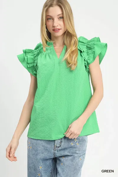 Truedames Textured Ruffle Sleeve Notched Top In Green