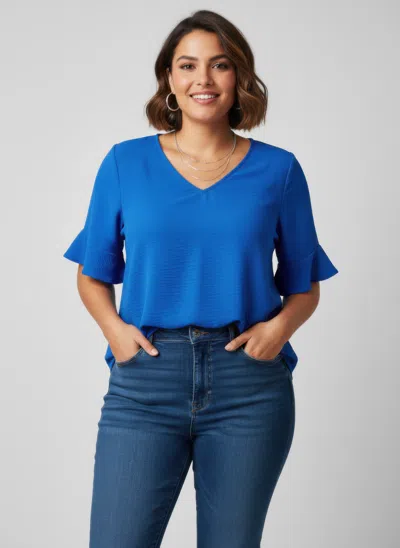 Truedames Textured Ruffle Sleeve Short Sleeve Top In Blue