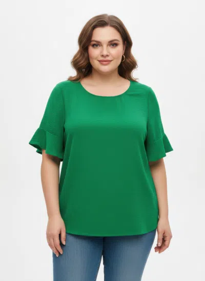 Truedames Textured Ruffle Sleeve Short Sleeve Top In Green