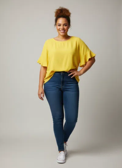 Truedames Textured Ruffle Sleeve Short Sleeve Top In Yellow