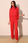 Truedames Textured Solid Mock Neck Caftan Jumpsuit In Red