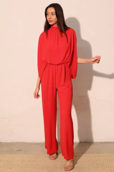 Truedames Textured Solid Mock Neck Caftan Jumpsuit In Red