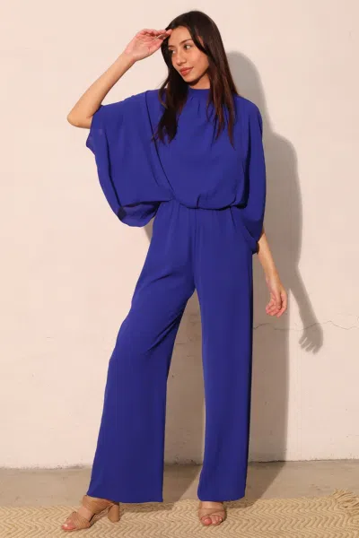 Truedames Textured Solid Mock Neck Caftan Jumpsuit In Blue