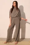 Truedames Textured Solid Mock Neck Caftan Jumpsuit In Brown