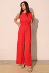 Truedames Textured Solid Twist Front Jumpsuit In Red