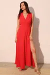 Truedames Textured Solid V-neck Maxi Dress In Red
