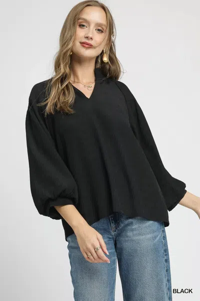 Truedames Textured V-neck Blouse With Balloon Sleeves In Black