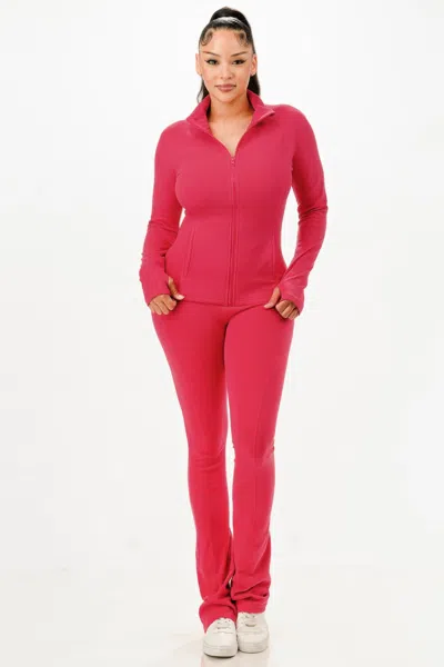 Truedames Thermal Active Wear Jacket With Flare Pants Set In Pink