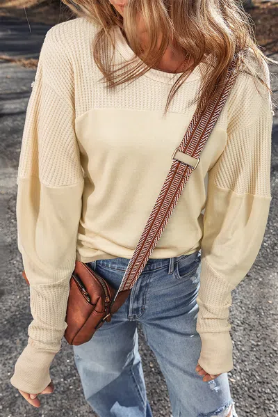 Truedames Thermal Knit Patchwork Exposed Seam Long Sleeve Top In Gray