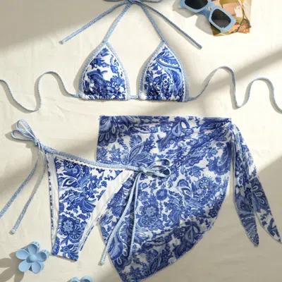 Truedames Three Piece Bikini Vintage Print Tie Swimsuit Women's Swimwear In Blue