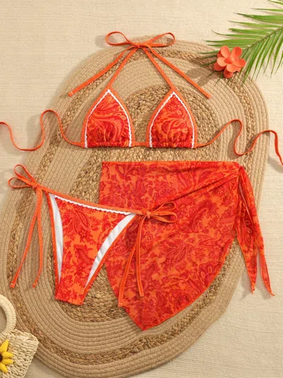 Truedames Three Piece Bikini Vintage Print Tie Swimsuit Women's Swimwear In Multi