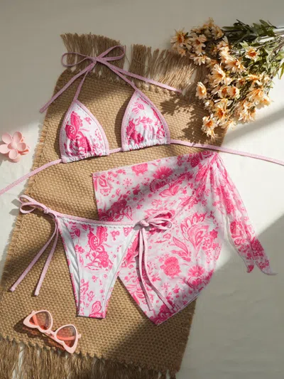Truedames Three Piece Bikini Vintage Print Tie Swimsuit Women's Swimwear In Pink