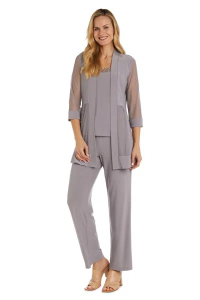 Truedames Three Piece Pants Suit Round Neck Sleeveless Top With Soft-cut Draped Lapel Mesh Jacket Formal Dress In Gray