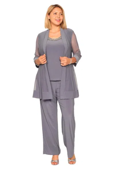 Truedames Three Piece Pants Suit Round Neck Sleeveless Top With Soft-cut Draped Lapel Mesh Jacket Formal Dress In Purple