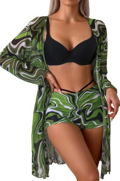 Truedames Three Piece Push Up High Waisted Kimono Swimsuit In Green