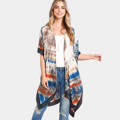 Truedames Tie Dye Boho Printed Cover Up Kimono Poncho In Burgundy