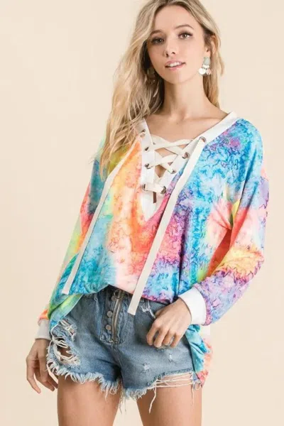 Truedames Tie Dye Deep V-neck Top With Lace Up Front In Blue