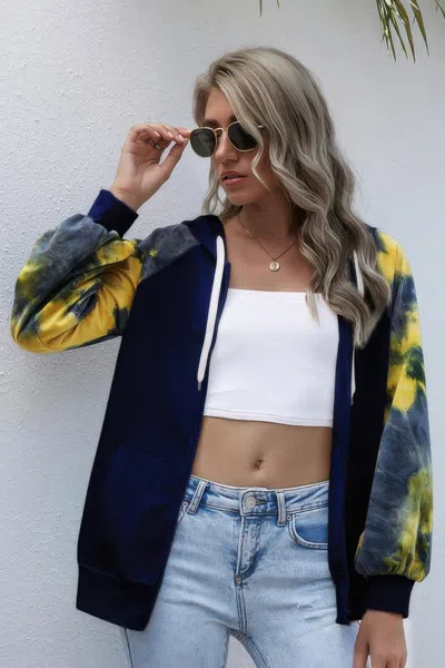 Truedames Tie Dye Full Zip Front Open Loose Hoodie In Blue