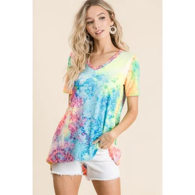 Truedames Tie Dye Print Jersey V Neck Top In Multi