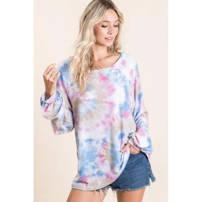 Truedames Tie Dye Print Terry Top With Puff Sleeves In Multi