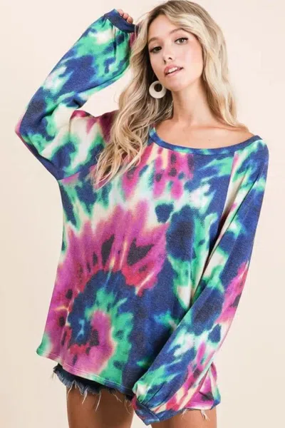 Truedames Tie Dye Print Terry Top With Puff Sleeves In Multi