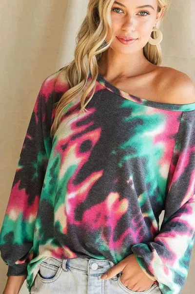 Truedames Tie Dye Print Terry Top With Puff Sleeves In Multi