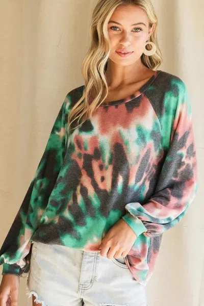 Truedames Tie Dye Print Terry Top With Puff Sleeves In Multi