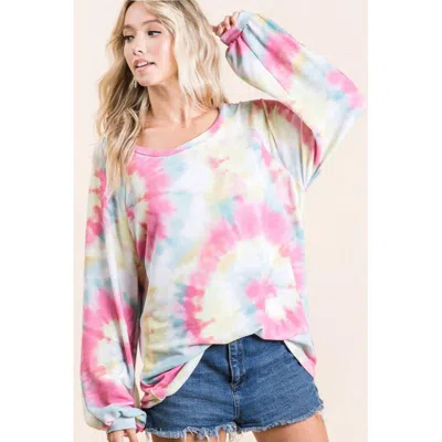 Truedames Tie Dye Print Terry Top With Puff Sleeves In Multi