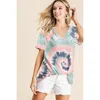 Truedames Tie Dye Print Terry V Neck Short Sleeve Top In Pink