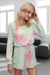 Truedames Tie Dye Round Neck Drawstring Romper In Multi
