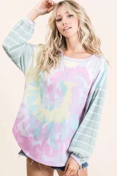 Truedames Tie Dye Terry Top With Wide Stripe Thermal Waffle In Multi