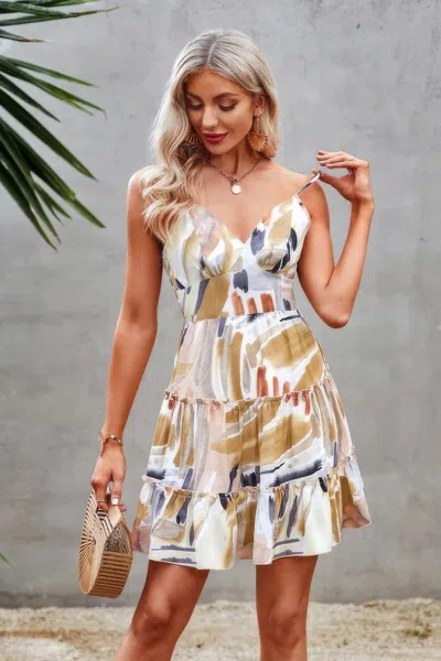 Truedames Tie Dye V Neck Sleeveless Ruffle Hem A Line Dress In White