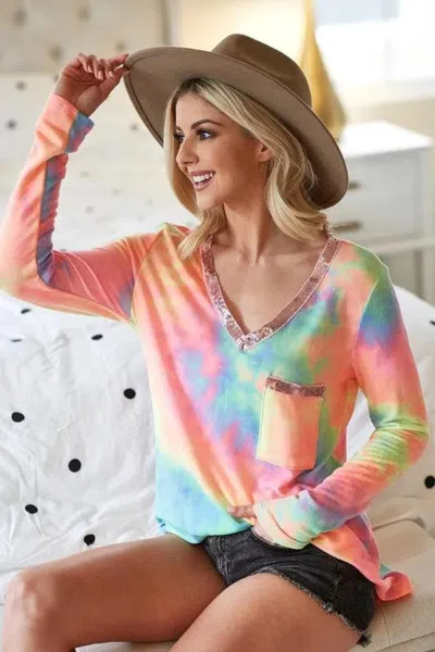 Truedames Tie Dye V-neck Terry Knit Top With Sequins In Multi
