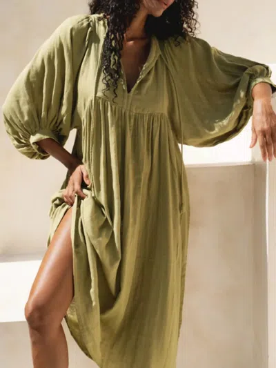 Truedames Tie Neck 3/4 Sleeve Midi Dress In Green