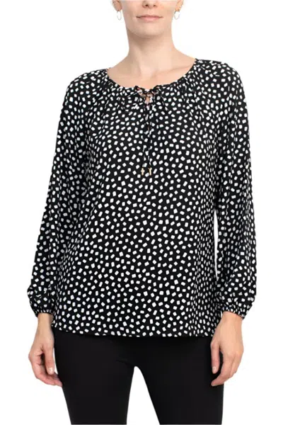 Truedames Tie Neck Long Sleeve Printed Chiffon Mesh Top In Black