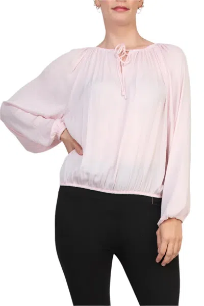 Truedames Tie Round Neckline Long Sleeves Elastic Cuffs Blouse In Pink