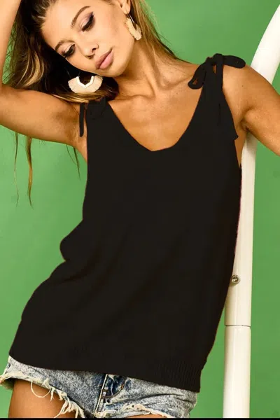 Truedames Tied Shoulder Solid Knit Top In Black