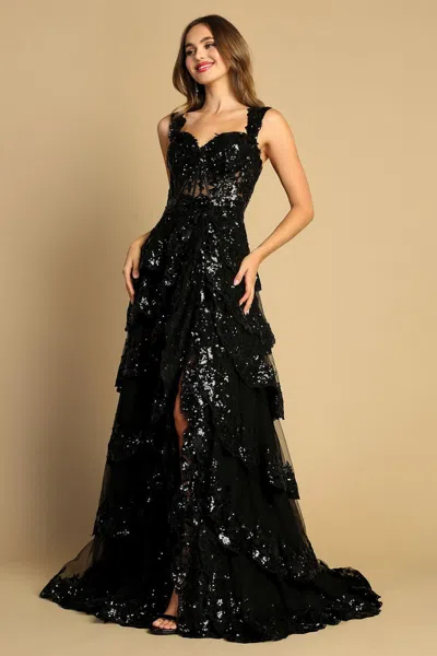 Truedames Tiered A-line Sequin Applique Formal Prom Gown In Black