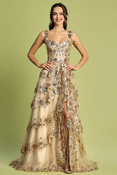 Truedames Tiered A-line Sequin Applique Formal Prom Gown In Gold