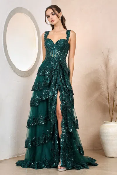 Truedames Tiered A-line Sequin Applique Formal Prom Gown In Green