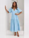 Truedames Tiered Puff Sleeve Midi Dress In Blue