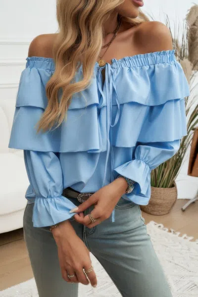 Truedames Tiered Ruffles Drawstring Ruched Neck Blouse In Black