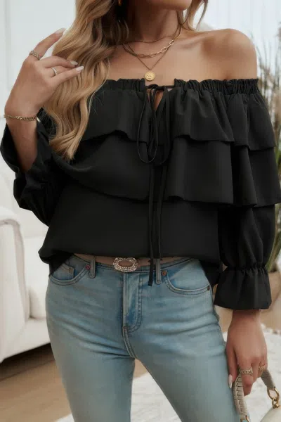 Truedames Tiered Ruffles Drawstring Ruched Neck Blouse In Black