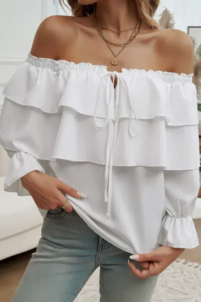Truedames Tiered Ruffles Drawstring Ruched Neck Blouse In White